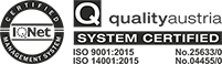 Quality Austria: System certified, ISO 9001:2015, ISO 14001:2015